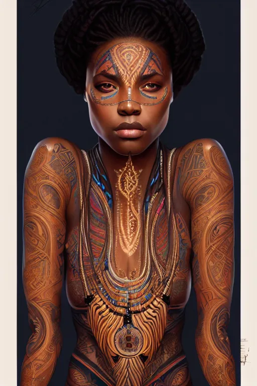 Image similar to symmetrical body portrait of beautiful nubian tribal tattooed young woman, intricate, elegant, highly detailed, digital painting, artstation, concept art, smooth, sharp focus, illustration, art by artgerm and greg rutkowski and alphonse mucha, 8 k