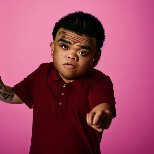 Image similar to 4 k editorial photograph of down syndrome midget kevin gates, sharp focus, soft lighting, edge lighting, studio portrait, 1 3 mm film color grading