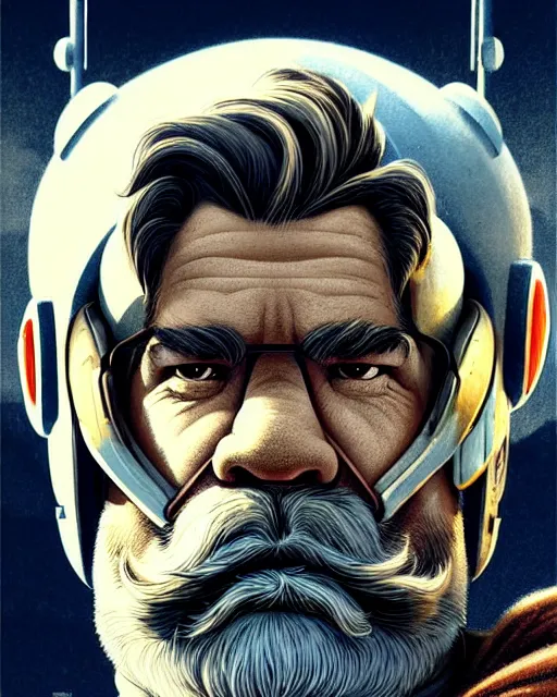 Image similar to winston from overwatch, josh brolin, gray hair and beard, character portrait, portrait, close up, concept art, intricate details, highly detailed, vintage sci - fi poster, retro future, in the style of chris foss, rodger dean, moebius, michael whelan, and gustave dore