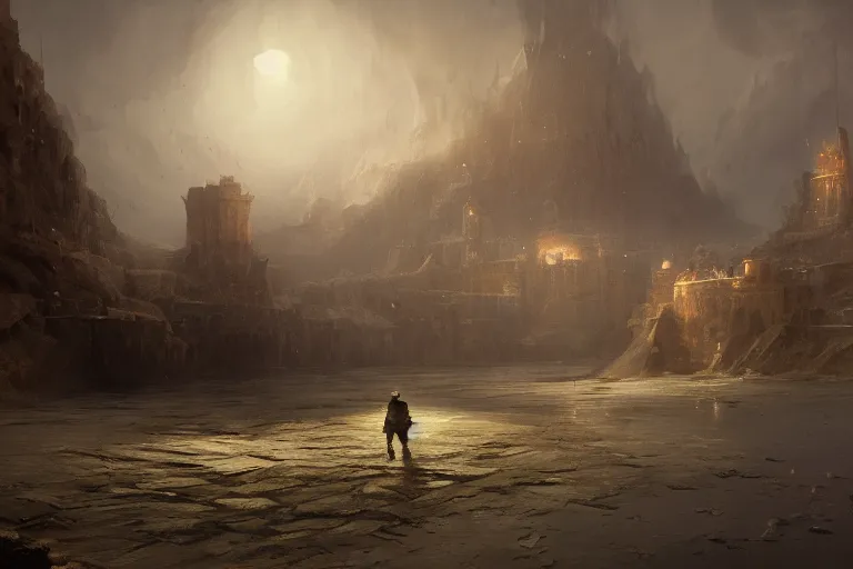 Image similar to painting of a land outside of time and space with floating sands and flying beasts with a Fort in the middle and water tunnels below, a man standing watching over by greg rutkowski and Craig Mullins, Dark atmospheric sad and cinematic lighting, Trending on artstation