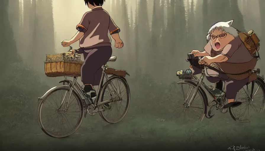 Image similar to the last fat catrider, comedy, graphic art, rgba, 8 k hd resolution, pinterest, dynamic character, 8 k character details, concept art, 8 k ultra realistic, intricate details, ultra detailed, reduce character duplication, in style of hayao miyazaki, by studio ghibli