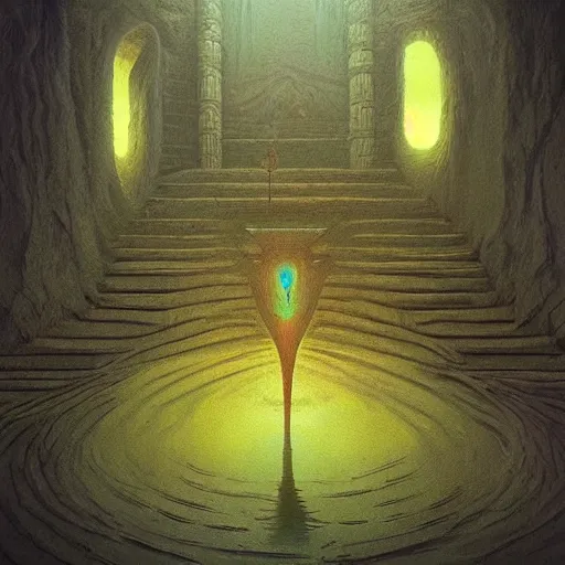 Prompt: “inside of the water temple from Legend Of Zelda: Ocarina of Time in the style of Zdzisław Beksiński. Trending on artstation”