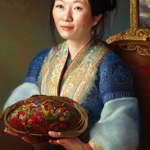 Image similar to portrait of an asian russian woman ( 3 5 ) from chabarovsk, russia in 2 0 2 1, an oil painting by ross tran and thomas kincade