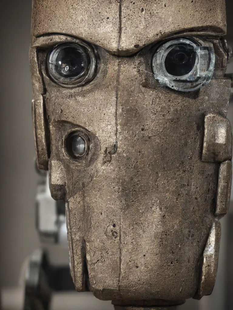 Prompt: closeup of a peaceful friendly cyberpunk rustic robot head, sigma 55mm f/8