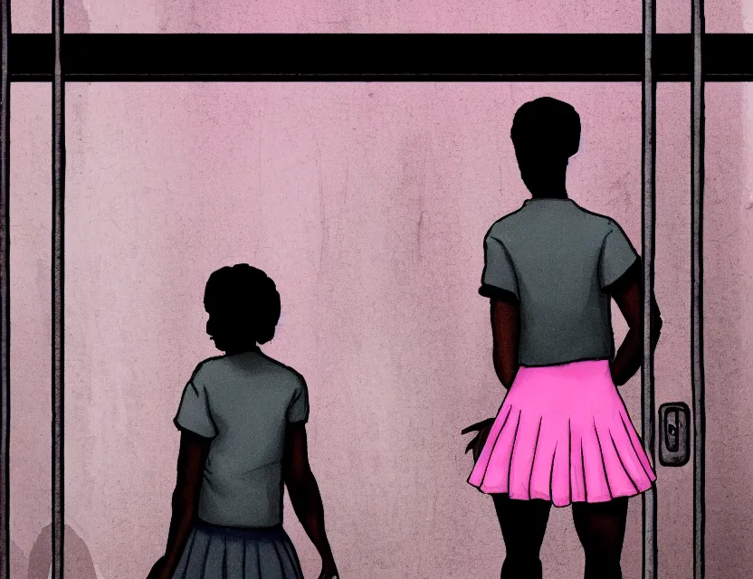Prompt: a man in a short pink skirt, in jail, dirty room, bars in the foreground by kezie demessance