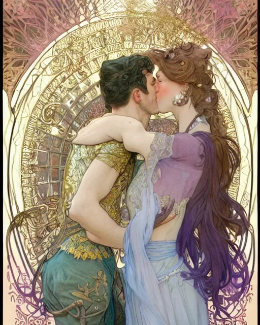 Image similar to the kiss | highly detailed | very intricate | art nouveau | gold filigree | romantic storybook fantasy | soft cinematic lighting | award - winning | disney concept art watercolor illustration by mandy jurgens and alphonse mucha and alena aenami | pastel color palette | featured on artstation