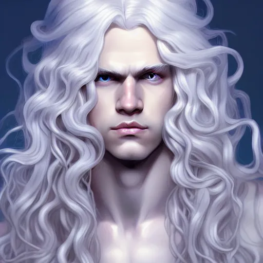 Image similar to Lucius the pale blond androgynous god of the sun, highly detailed, very very very long curly blond hair, extremely luscious curly blond hair, baroque curls, very very very pale white skin, digital painting, artstation, concept art, soft light, sharp focus, illustration