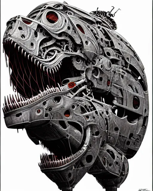 Image similar to intricate mechanical robot trex dinosaur head, transformer, symmetrical illustration, bold line symmetrical illustration by peter gric, hr giger, kim jung gi, joe fenton, scifi, screen print, trending on art station, sharp, high contrast, ultrafine hyper detailed, hd,