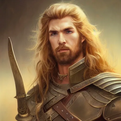 Image similar to portrait, handsome long - haired male fantasy paladin, blond, rpg game, stern expression, main character, highly detailed, digital painting, artstation, concept art, smooth, sharp focus, illustration, artgerm, tomasz alen kopera, peter mohrbacher, donato giancola, joseph christian leyendecker, wlop, frank frazetta