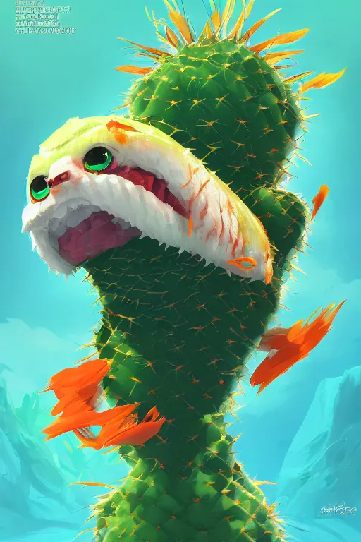 Image similar to 3 d render creature animal sushi cristal very big eye roots cactus elemental flush of force nature micro world fluo fishscale, comics gta 5 cover, official fanart behance hd artstation by jesper ejsing, by rhads, makoto shinkai and lois van baarle, ilya kuvshinov, ossdraws