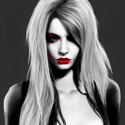 Image similar to Digital portrait of a beautiful half-elf half-vampire young woman. Black and white hair. Red irises, vertical pupils. Award-winning digital art, trending on ArtStation