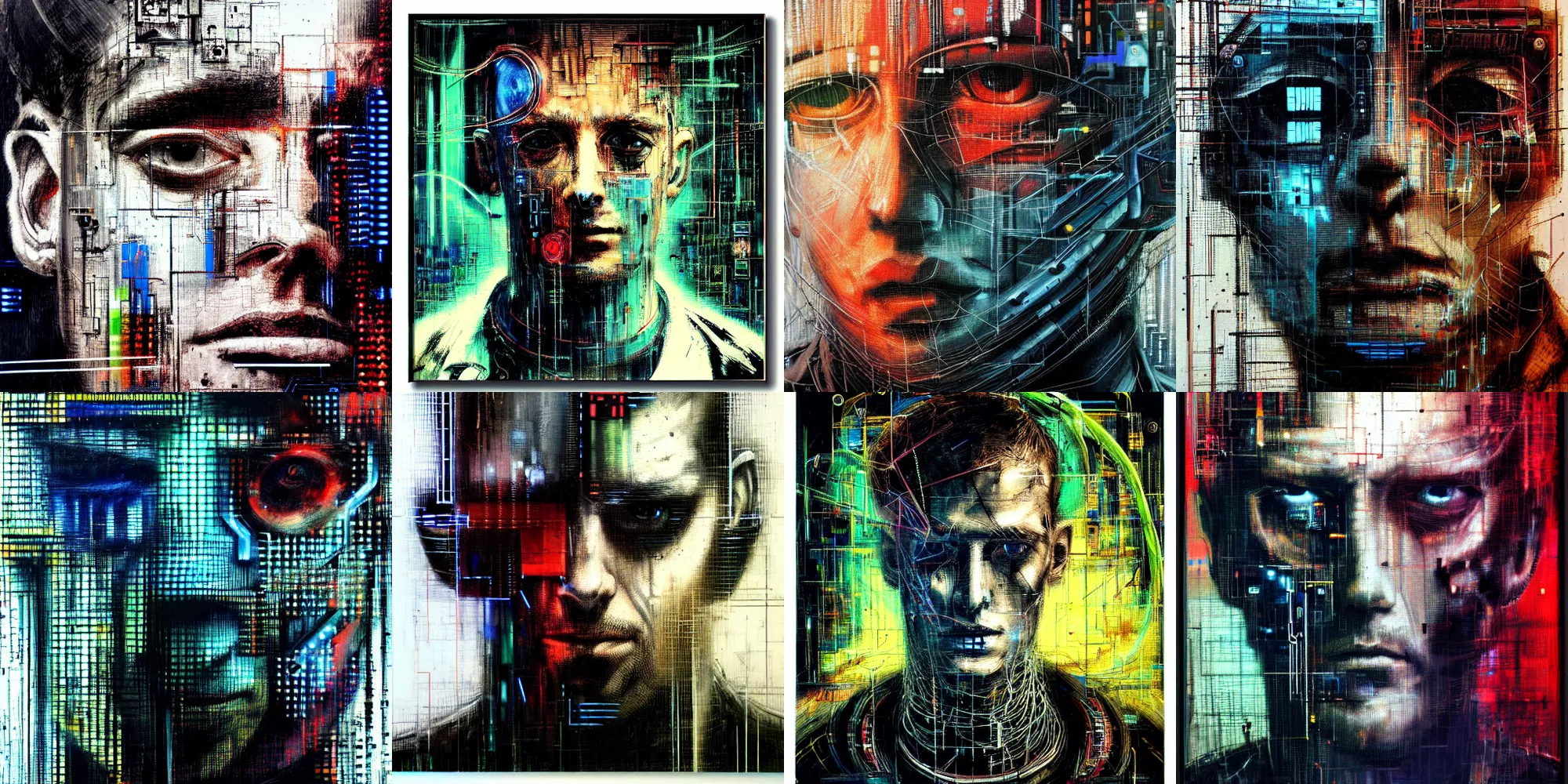 Prompt: hyperrealistic portrait of a cyberpunk man in cyberspace, by Guy Denning, Johannes Itten, Russ Mills, hacking effects, detailed lines, cybernetic connections, cables, computation, technological, color blocking!, acrylic on canvas, insane detail, intricate, front view, symmetrical, octane, concept art, abstract, artistic, 8k, cinematic, trending on artstation