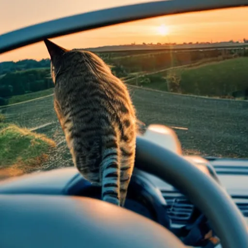 Prompt: top view of cabriolet, cat behind steering wheel looking happy, golden hour