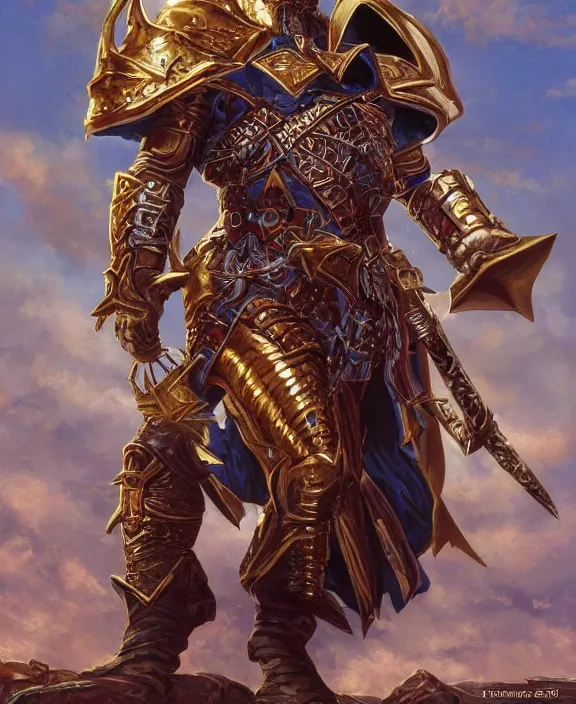 Image similar to final boss warrior, fantasy, man, gilded shiny armour, contrast, highly detailed, digital painting, artstation, concept art, wallpaper, smooth, sharp focus, illustration, illumination, art by larry elmore, jeff easley, clyde waldwell, keith parkinson, daniel r horne