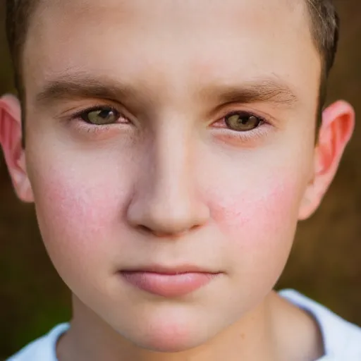 Prompt: closeup portrait of 9 year old boy, thick lips, pink face, thin eyebrows, short light brown hair