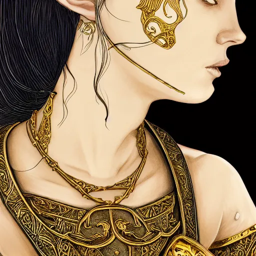 Prompt: side portrait of a female elven warrior, fantasy, head tilted down, black hair, gold armour, gold jewelry, white skin, detailed face, trending on artstation, gsociety, D&D, elegant, highly detailed, sophisticated, hyperrealistic, detailed illustration, smooth, sharp focus, upper body, intricate, rule of thirds, holy glow, backlit, hd 4k by Greg Rutkowski, Charlie Bowater, Karol Bak