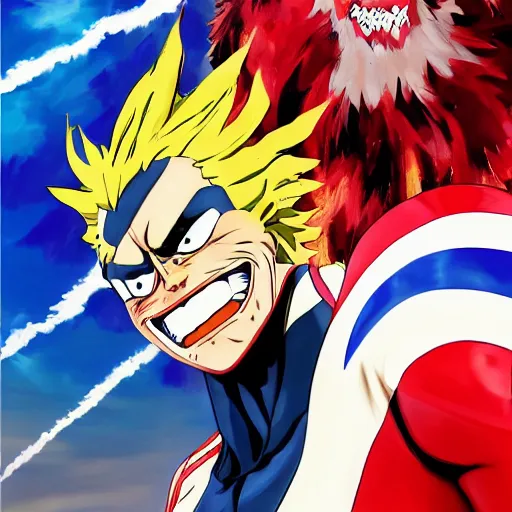 Prompt: an oil painting of a all might from my hero academia in gta 5 cover art style by artgerm, 4 k anime, middle ages, hd, hdr, ue 5, ue 6, unreal engine 5, third dimensional, 3 d, disney quality cinematic 4 k wallpaper, 8 k, ultra detailed, gta 5 cover art, high resolution, artstation, award winning