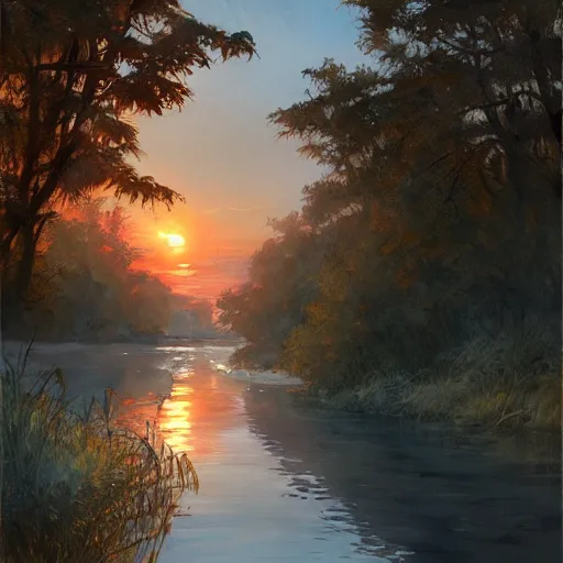 Image similar to River leading into a sunset, Watercolor, photorealistic, high resolution, award winning, trending on artstation, intricate, elegant, highly detailed, digital painting, artstation, concept art, smooth, sharp focus, illustration, art by artgerm and greg rutkowski and alphonse mucha