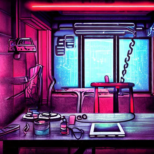 Prompt: A cyberpunk red neon prostetic on an iron table, sci-fi art, digital art