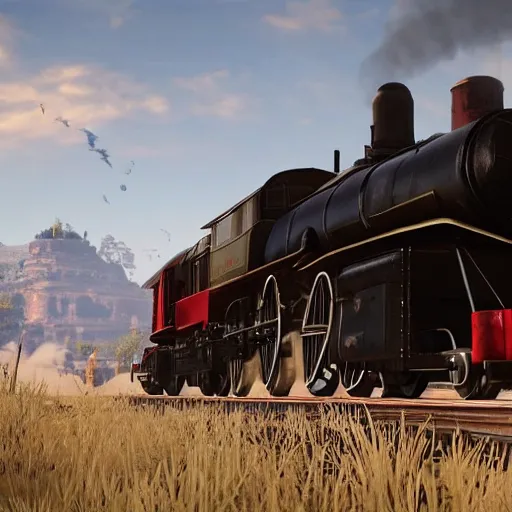 Image similar to futuristic sleek steam locomotive in red dead redemption 2