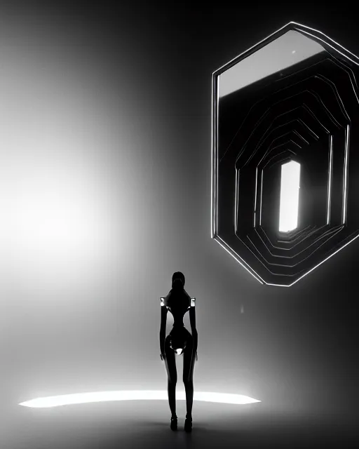 Prompt: black and white high quality photo of a beautiful female AI cyborg looking into a sci-fi mirror, volumetric lighting, liminal space, brutalism, foggy, dreamy, hyperdetailed, bokeh, photorealistic, cinematic, masterpiece, Metropolis, elegant, dark, in the style of Horst P. Horst, octane render, 8K,