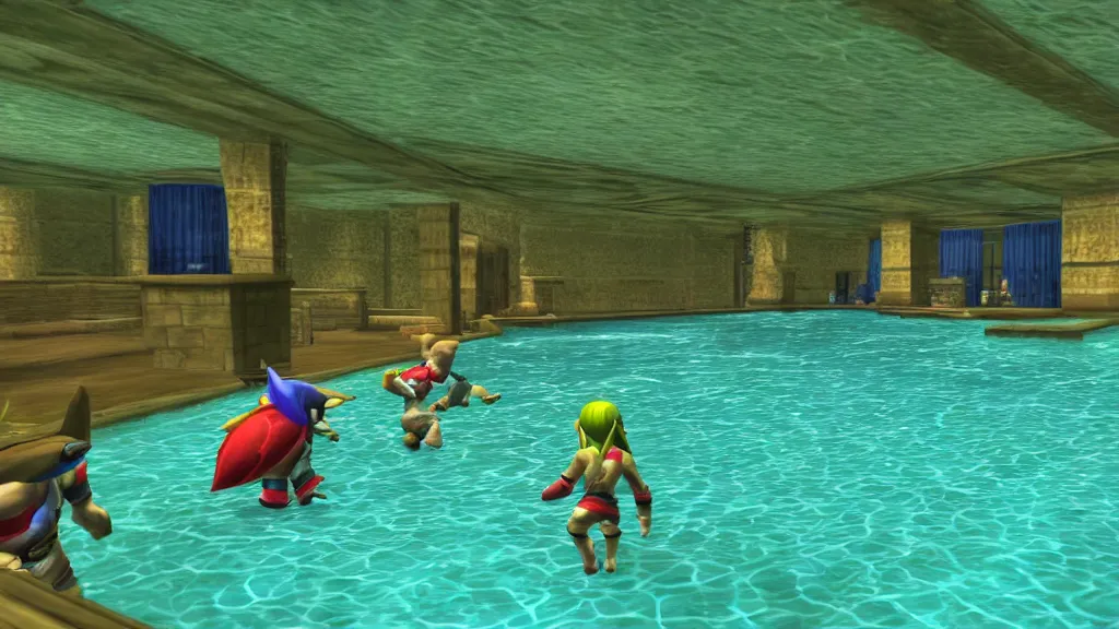 Prompt: Screenshot from Zelda Ocarina Of Time at an indoor swimming pool