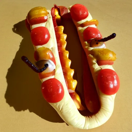 Prompt: a caterpillar shaped hotdog