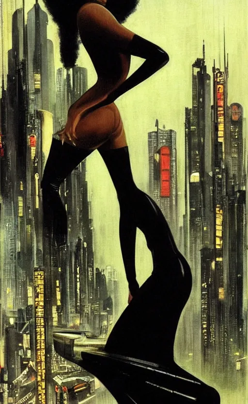 Prompt: an elegant Black woman in dress and heels, her back is to us, looking at a futuristic Blade Runner city, by Robert McGinnis.