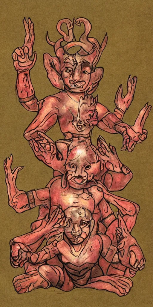 Prompt: a asura with three heads and six arms.
