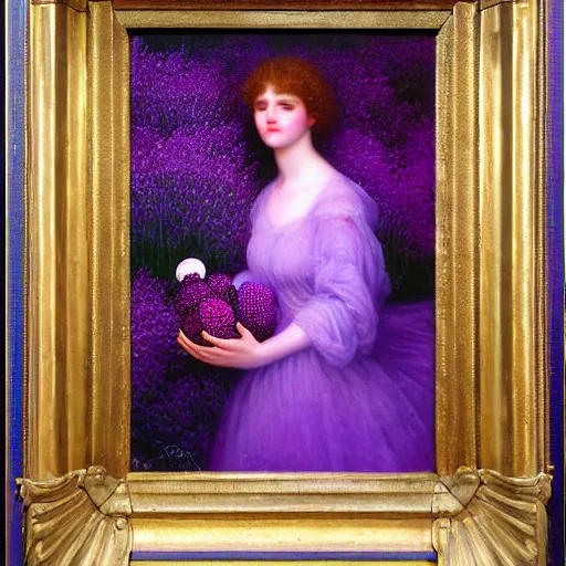 Image similar to a girl with three eyes on 5 translucent luminous spheres, full of floral and berry fillings, in an ocean of lavender color by edward robert hughes, henry justice ford