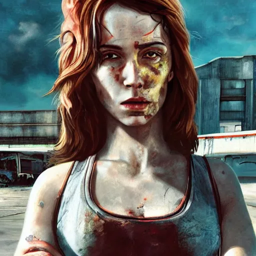 Image similar to fallout 5 : miami, charismatic beautiful rugged brunette female protagonist and companion, portrait, outdoors ruined airport, atmospheric lighting, painted, intricate, volumetric lighting, beautiful, summer, sunny weather, few clouds, sharp focus, deep colours, ultra detailed, by leesha hannigan, ross tran, thierry doizon, kai carpenter, ignacio fernandez rios