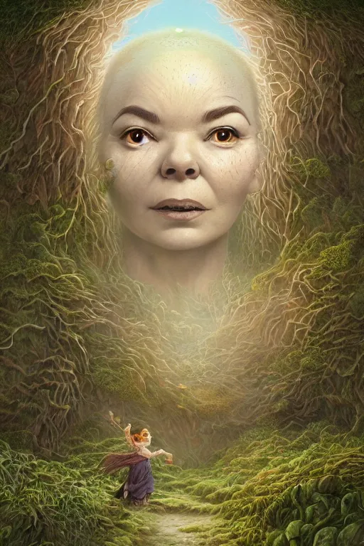 Image similar to bjork portrait by hubert robert and lee madgwick and roger dean and jacek yerka, dan mumford and alex grey style, soft lighting, 4 k hd wallpaper illustration concept joy atmospheric lighting