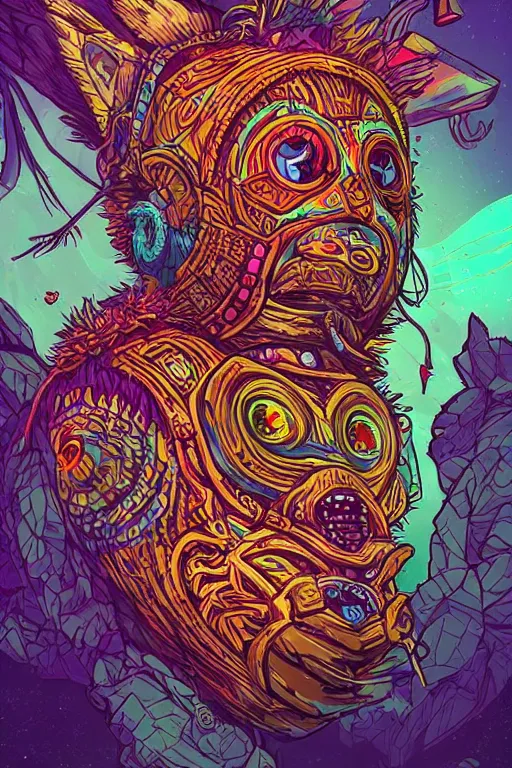 Image similar to totem animal tribal chaman vodoo mask feather gemstone plant wood rock video game illustration vivid color borderlands by josan gonzales and dan mumford radiating a glowing aura