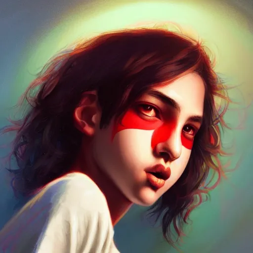 Image similar to colorful and festive captivating teenager with straight brown hair covering his eye, dark skin, big lips, big eyes, wearing a red t - shirt. rich vivid colors, ambient lighting, dynamic lighting, 4 k, atmospheric lighting, painted, intricate, highly detailed by charlie bowater