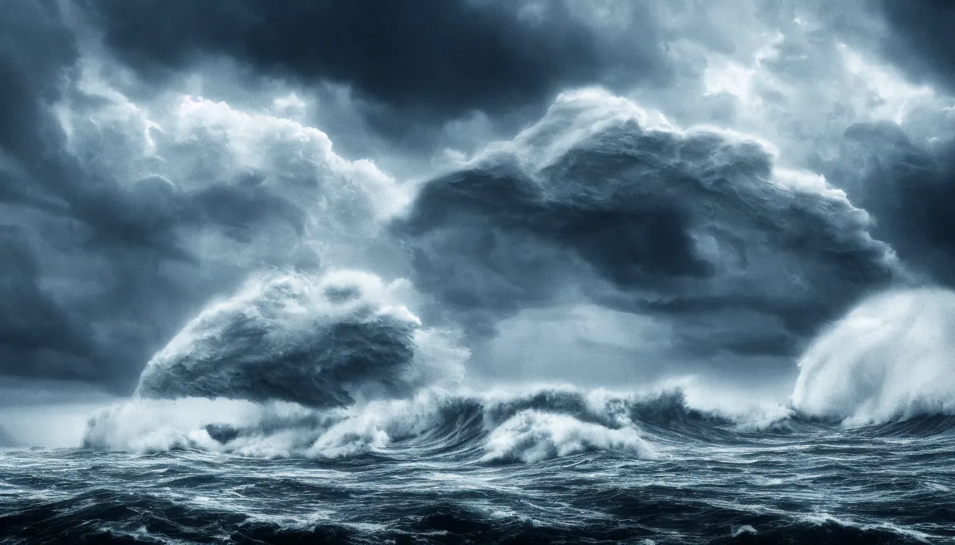 Image similar to lake, big waves, strong wind, raining, storm, distant thunder, launched nuclear rockets far away, atmospheric, scary, claustrophobic, ambient vibe, very detailed, high resolution, 8 k