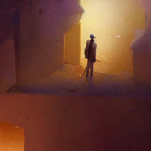 Prompt: eyeless watcher, dutiful return, golden age seraph bunkers, art by Agnes Lawrence Pelton and Marc Simonetti, high detail, cinematic, cgsociety 8k