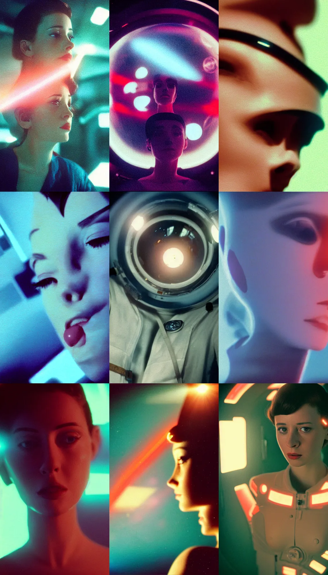 Prompt: Cinestill 50d, 8K, 35mm,J.J Abrams flare; beautiful ultra realistic vaporwave minimalistic pointé posed psilocybe pilot in space(1950) film still medical lab scene, 2000s frontiers in blade runner retrofuturism fashion magazine September hyperrealism holly herndon edition, highly detailed, extreme closeup three-quarter pointé posed model portrait, tilt shift background, three point perspective: focus on anti-g flight suit;pointé pose;open mouth,terrified, eye contact, soft lighting