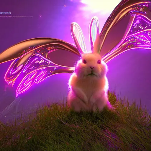 Image similar to neon fluorescent, iridescent cute bunny rabbits with fairy wings cyperpunk 2 0 7 7, unreal engine 5, 8 k ultra realistic, hyperdetailed, volumetric lighting, extremely high quality, vector art, illustration by frank frazetta