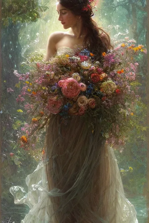 Image similar to portrait of a beautiful mysterious woman holding a bouquet of flowing flowers, wet dripping long hair, hands hidden under the bouquet, emerging from the water, fantasy, regal, intricate, by stanley artgerm lau, greg rutkowski, thomas kindkade, alphonse mucha, loish, norman rockwell