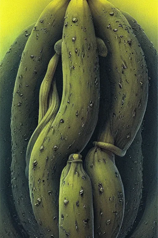 Image similar to cosmic horrors on my giant banana, close up of a banana, by zdzislaw beksinski, by dariusz zawadzki, by wayne barlowe, gothic, surrealism, cosmic horror, lovecraftian, cold hue's, warm tone gradient background, concept art, beautiful composition