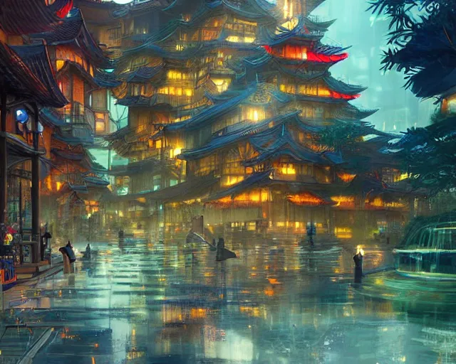 Image similar to great, colorful kitsune city, bamboo, fountain, anime, a fantasy digital painting by Greg Rutkowski and James Gurney, trending on Artstation, highly detailed