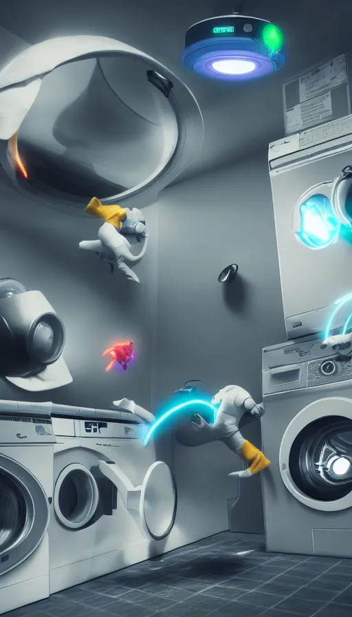 Prompt: washing machines attacking city and socks flying everywhere, 1 9 7 0 s science fiction movie poster, behance, trending on artstation, octane render, unreal engine