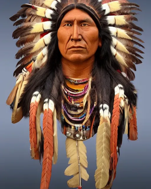 Prompt: bust of a native american man with full head dress, clay sculpture, photograph, photo realistic