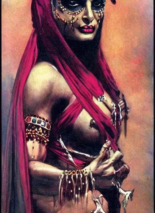 Image similar to portrait of muscular indian vampiress, jeweled veil, strong line, saturated color, beautiful! coherent! by frank frazetta, high contrast, minimalism