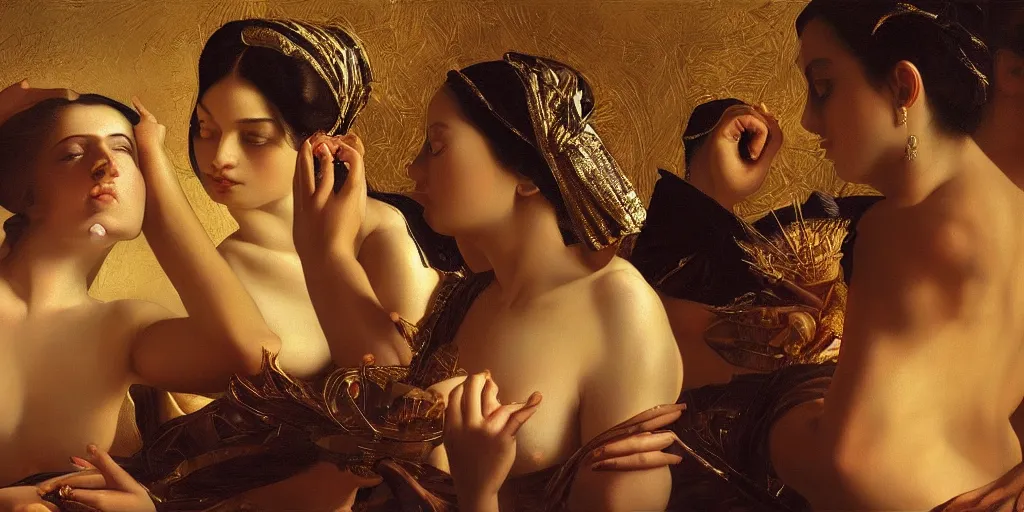 Prompt: beautiful oil matte painting, women with gold skin showered with diamonds, wonderful masterpiece highly detailed, beautiful cinematic light deep focus, elegant, digital painting, smooth, sharp focus, golden ratio, dramatic illumination, ultra realistic, 8 k, art by artemisia lomi gentileschi and caravaggio