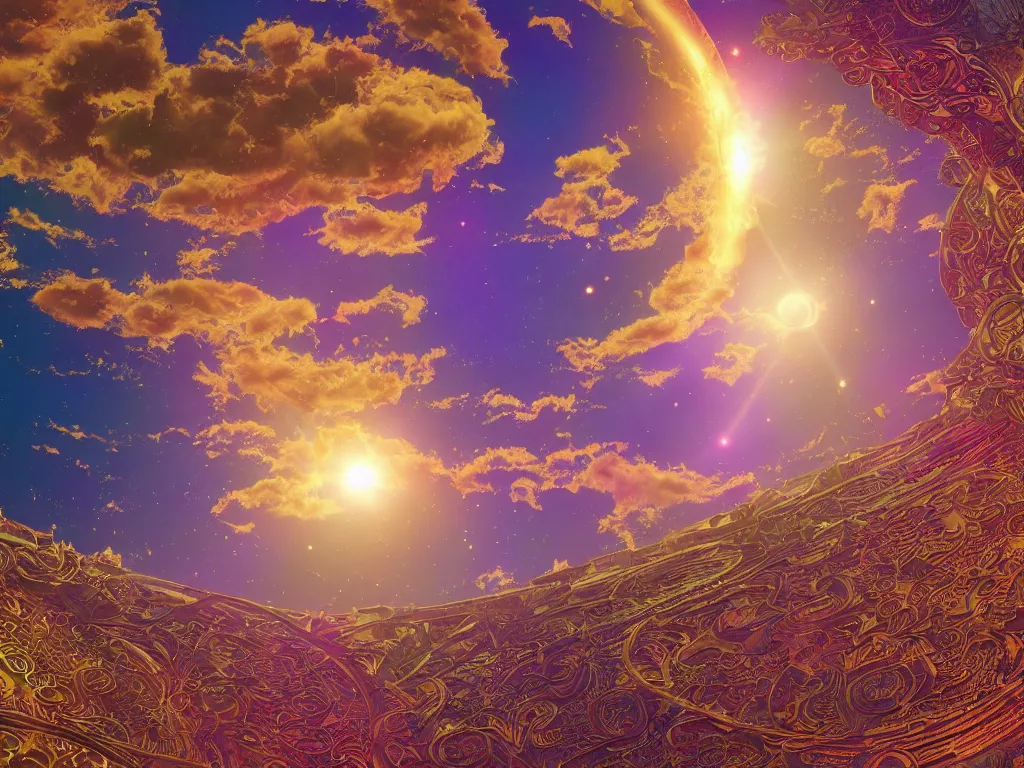 Image similar to sunlight study, the universe is a spheroid region 7 0 5 meters in diameter, art nouveau, kauai, by hans zatzka and ( ( ( ( ( lisa frank ) ) ) ) ), 8 k, sharp focus, octane render