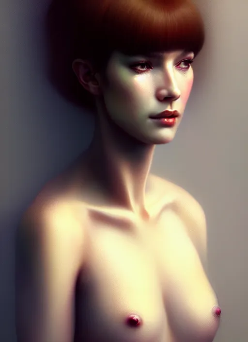 Prompt: hyper realistic zoomed out portrait gorgeous, beautiful rachael rosen from blade runner, by hsiao ron cheng, ngai victo, nivanh chanthara jean delville wlop and dougherty patrick, trending on artstation, soft light