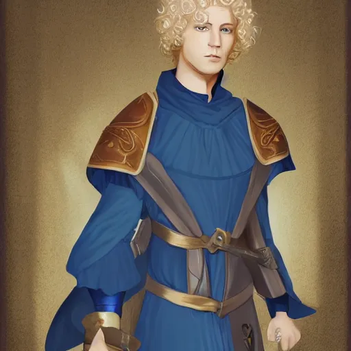 Image similar to portrait, 27 years old man, blue eyes, blond curls, charming, handsome :: rich expensive medieval clothes :: high detail, digital art, fantasy, RPG, concept art, illustration