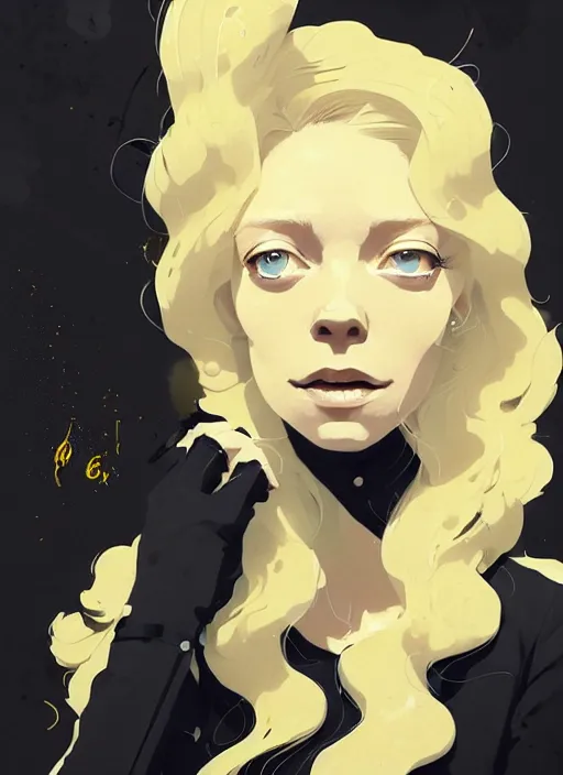 Image similar to highly detailed closeup portrait of beautiful portia doubleday, blonde wavy hair, angela moss, black suit by atey ghailan, by greg rutkowski, by greg tocchini, by james gilleard, by joe fenton, by kaethe butcher, gradient yellow, black and white color scheme, grunge aesthetic!!! ( ( graffiti tag wall background ) )