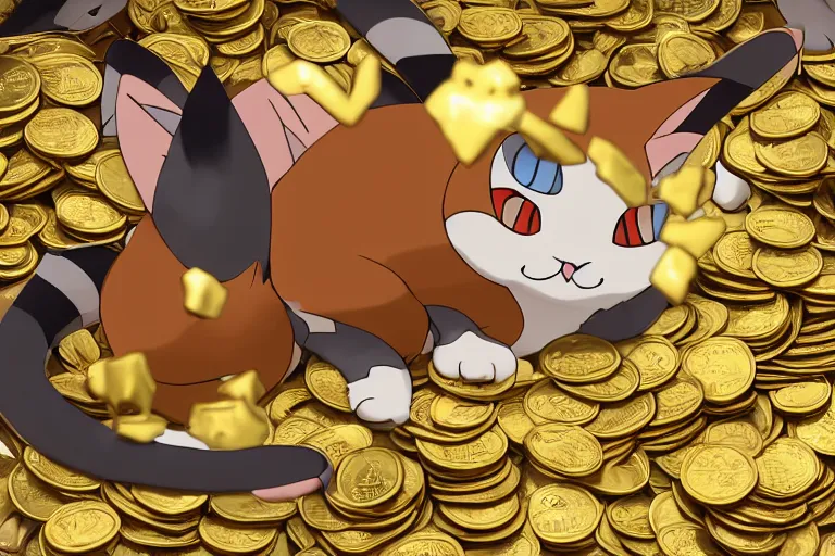 Image similar to meowth, cat pokemon, surrounded by gold coins, photorealism, cinematography